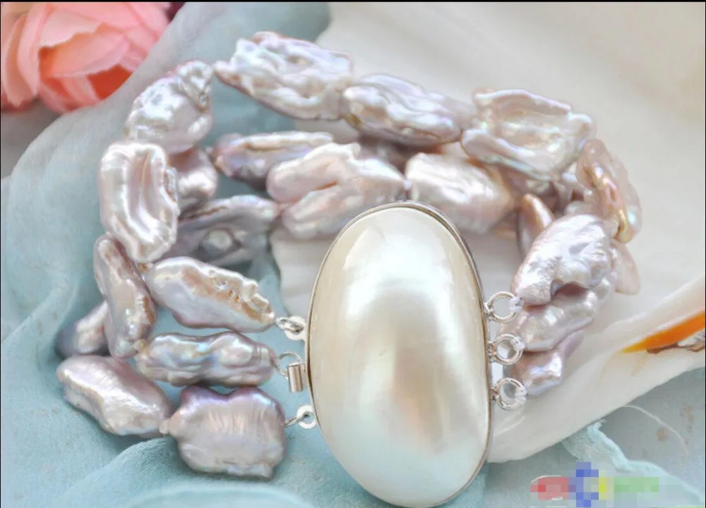 

Free shipping hot sale Women Bridal Wedding Jewelry >>3row 8" 20mm LAVENDER BAROQUE DENS KESHI REBORN PEARL BRACELET
