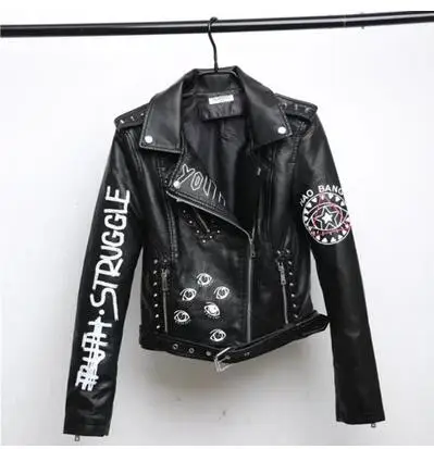 

Spring Autumn 2019 New Rivets Letters Print Motorcycle Leather Short Fashion Hip-hop Jacket Women's Coats Female Outwear
