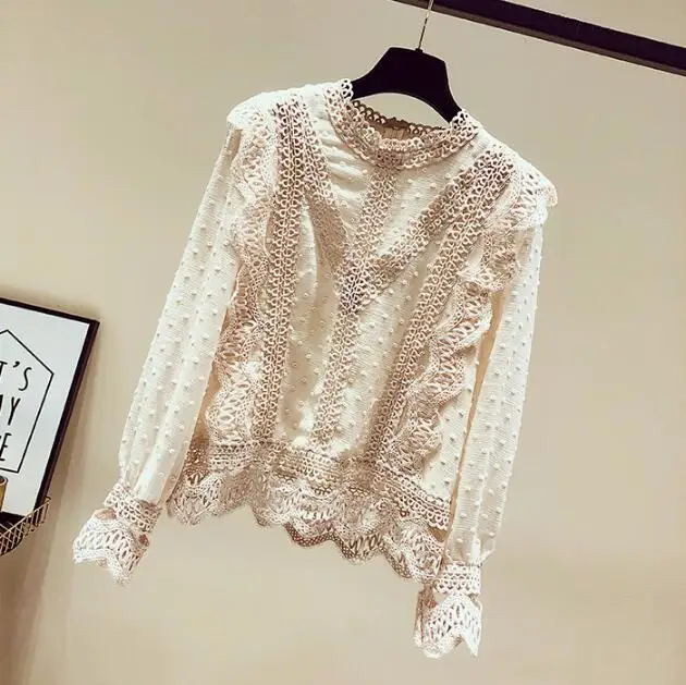 

Women's Spring Vintage Round Neck Lace Shirt Female Korean Fashion Elegant Chic Lace Tops Plus size Basic Tees TB664