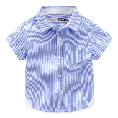 Новинка года, летняя детская одежда хлопковые топы в полоску с карманами и лацканами, рубашки с короткими рукавами для маленьких мальчиков, детская одежда, k1 - Цвет: Синий