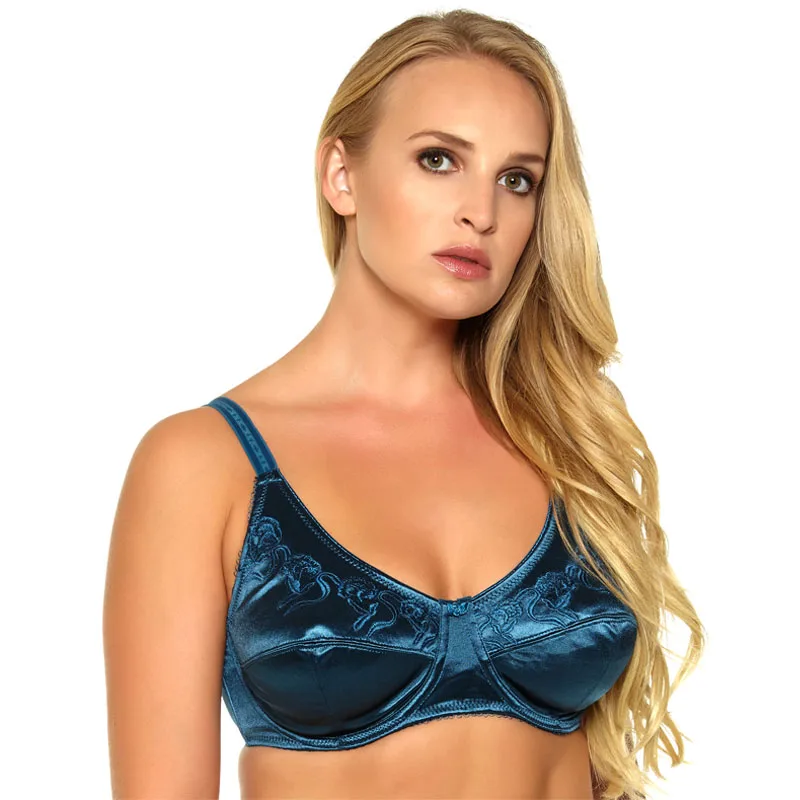 C-046 Women Bra Black/Green/Silver 3 Colours Satin Embroidery Unlined Push  Up Cup Big Size 36 38 40 42 44 46 DD DDD E F Full Cup