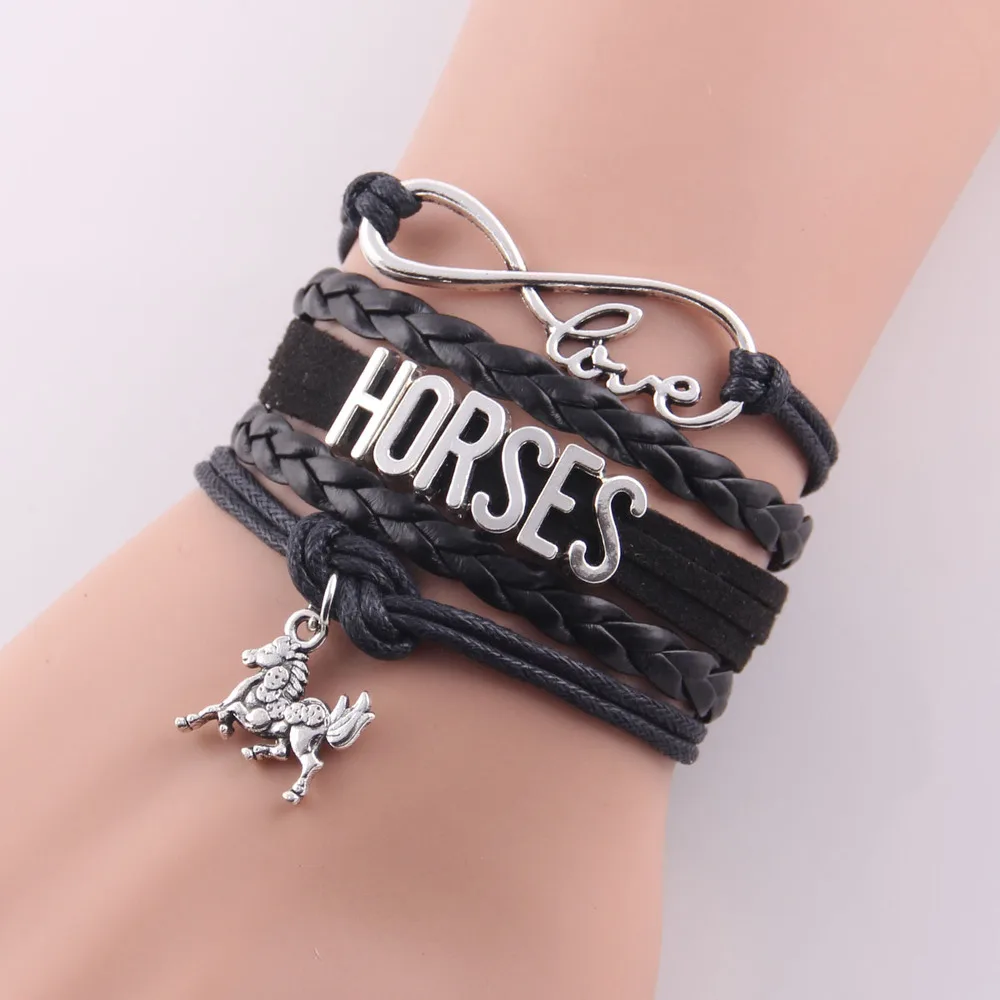 Бесконечность любовь лошади женский браслет лошадь Шарм Кожаный Плетеный обруч ручной работы браслеты и браслеты для женщин ювелирные аксессуары - Окраска металла: Bk16