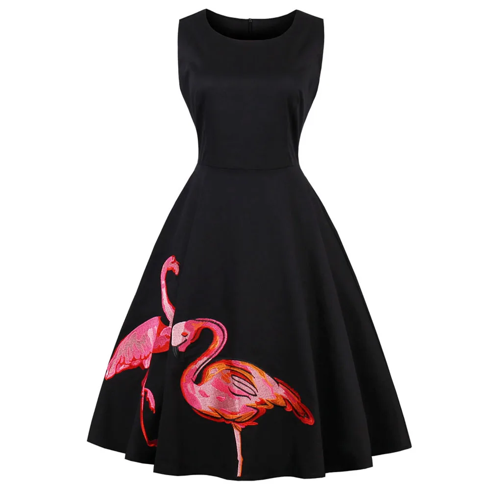 

Joineles Plus Size Embroidery Flamingo Print Vintage Dress Women Sleeveless O Neck Retro Robe Rockabilly Feminino Vestidos