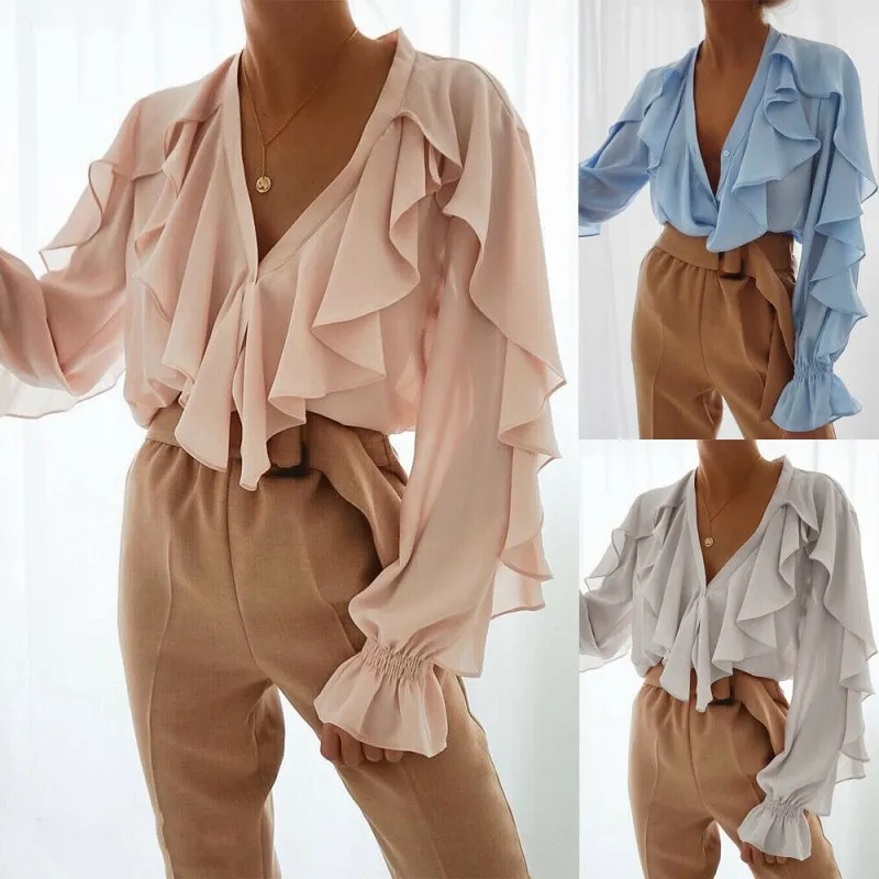 

Women Chiffon Ruffle V Neck Long Sleeve Blouse Casual Ruffles Loose Tops Summer Fashion Women Girls Blouses