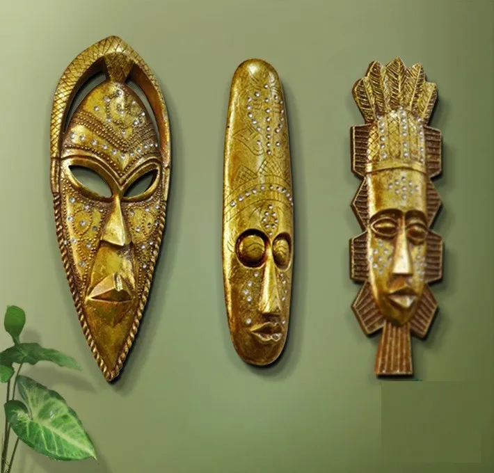 Африканский стиль Племенной маска стены искусства Висячие гостиной бар украшения дома смолы Винтаж золотой