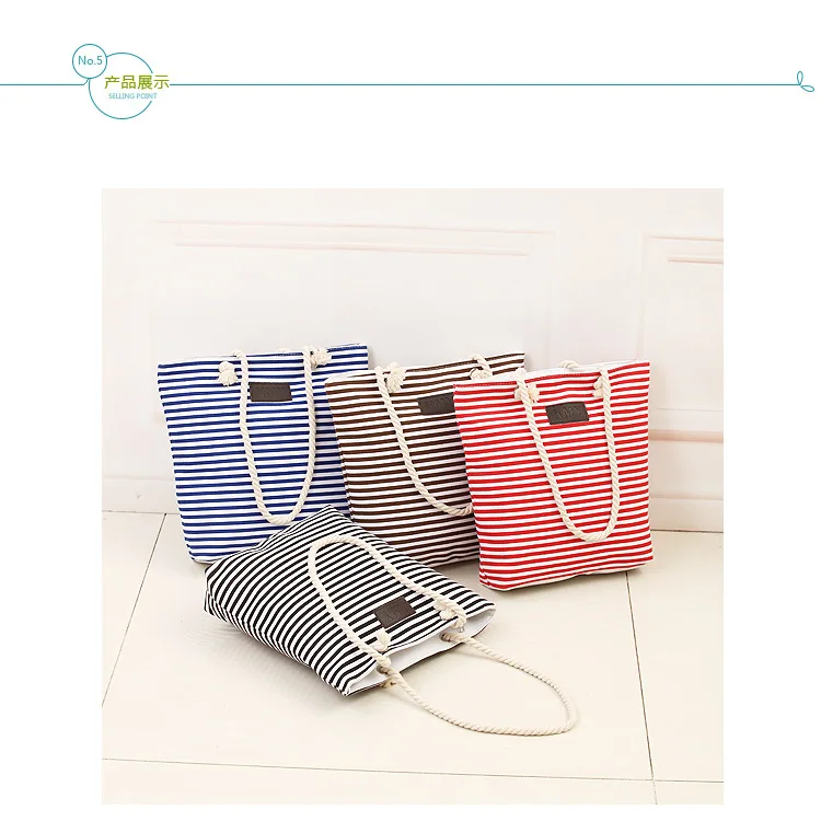 ZYJ Female Striped Canvas Shoulder Casual Tote Bag Pack Drawstring Hemp Rope Handbag Shopping Hand Bucket Grocery Beach Bag (19)