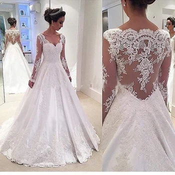 

Elegant Applique Wedding Dress 2019 Long Sleeves A-Line Long Dress Backless Dress Sweetheart Plus Size vestido de noiva