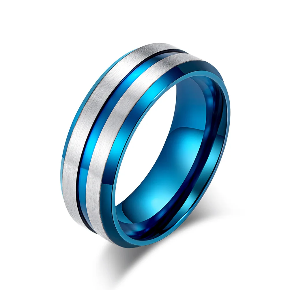 Men Simple Blue Groove Rings 8mm 316L Stainless Steel Wedding Rings for