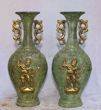 

12" Chinese Bronze Gilt WuSong Warrior Flight Tiger Dragon Vase Bottle Pot Pair