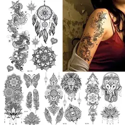 Черный Индия, этно-стиль Ловец снов Мандала Цветок хна татуировки Стикеры для женщин Arm художественные татуировки Временные средства ухода