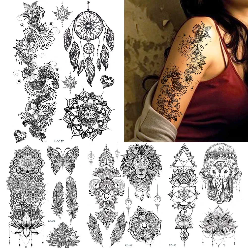 Black India Tribal Dream Catcher Mandala Flower Henna Tattoo Sticker