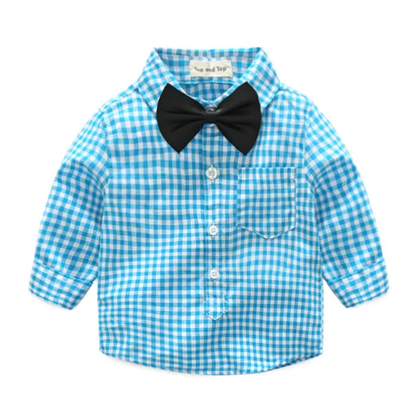 Топ и топ, модная рубашка в клетку для маленьких мальчиков хлопковая блуза с длинными рукавами и галстуком-бабочкой осенний Топ для маленьких мальчиков, повседневная одежда для малышей - Цвет: Небесно-голубой