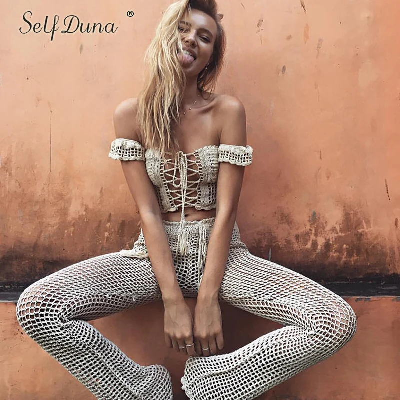 

Self Duna 2019 Autumn Mid Waist Pants Hand Crochet Beach Pants Female Trousers Tassel Sexy Hollow Out White Flare Pants