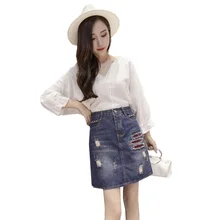 Весенняя женская юбка вышивка новая высокая талия Большой размер Denim джинсовая юбка Осенняя мода отверстие женская джинсовая юбка DITING0194