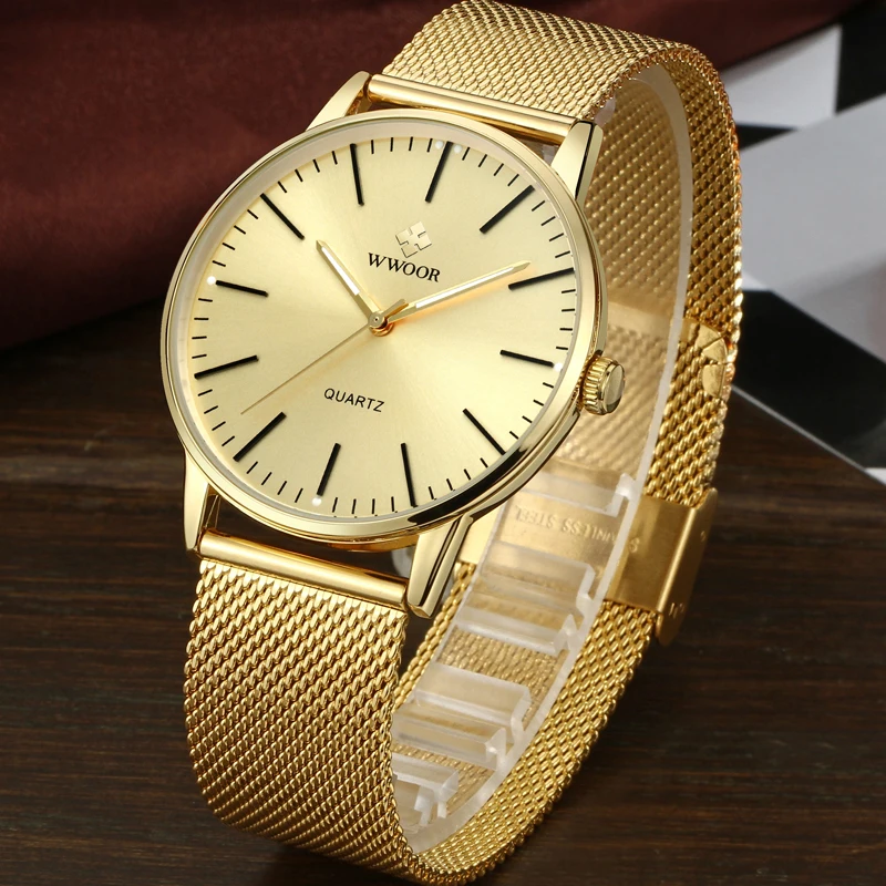 Cheap WWOOR Men Simple Slim Quartz Watch Gold Steel Mesh Ultra Thin Men Watches Luxury Brand Waterproof Male Wrist Watch Golden Clock
