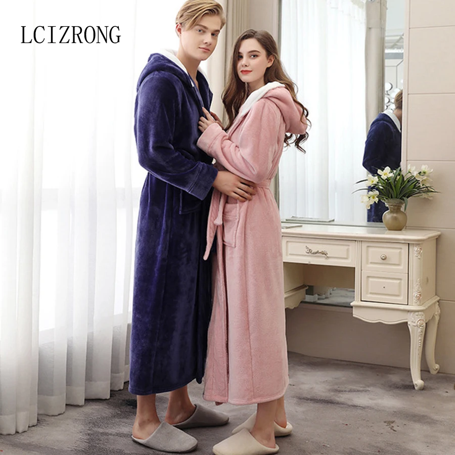 

Winter Flannel Couple Long Warm Hooded Bathrobe Women/Men Sexy Plus Size Dressing Gown Bridesmaid Robes Sleepwear Female