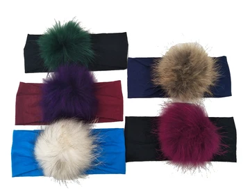 

J17451 fashion flat headband with pompom,100%cotton headband,random color eal raccoon fur pompom headband women winter hairband