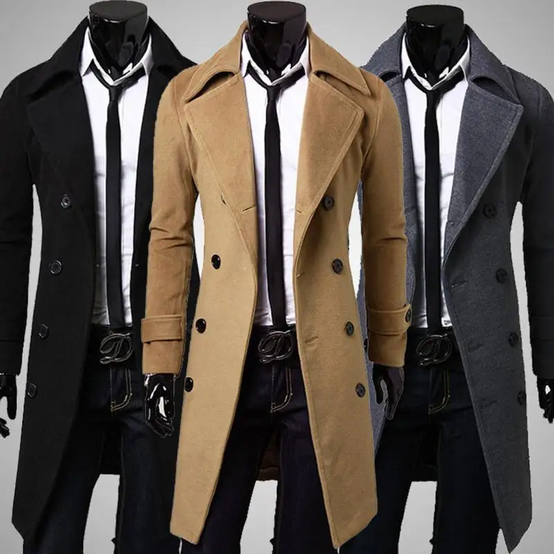 XQS Men Fashion Double Breasted Slim Trench Coat Parka Coat