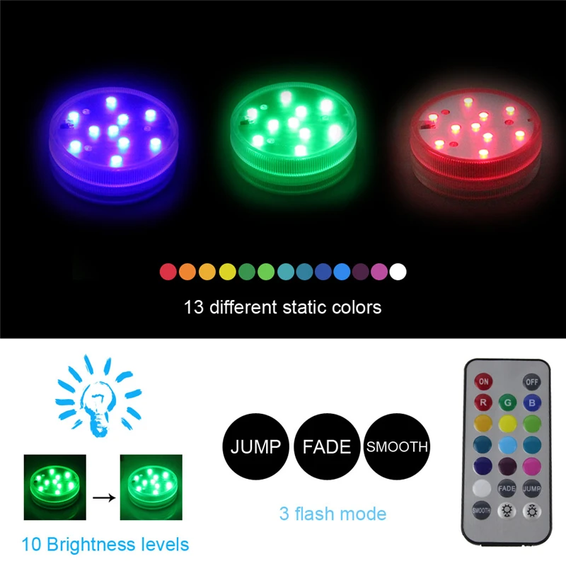 

BORUiT 10 LEDs RGB Submersible Lamp with Remote Multi Color IP68 Waterproof Swimming Pool Light for Aquarium Pond Wedding Party