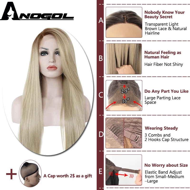 Anogol 2 Tones Ombre Brown Blonde Synthetic Lace Front Wig Peruca Laco Sintetico Long Straight Heat Resistant Hair Wigs Women