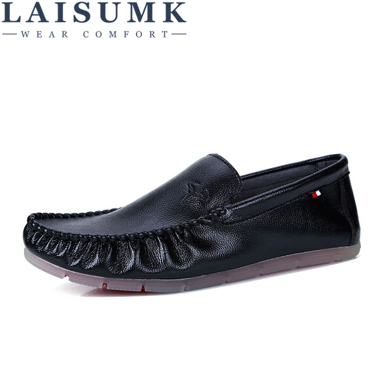 

LAISUMK Men Leather Shoes New Handmade Moccasins Genuine Leather Men Loafers Design Slip on Comfort Shoes Men Flats