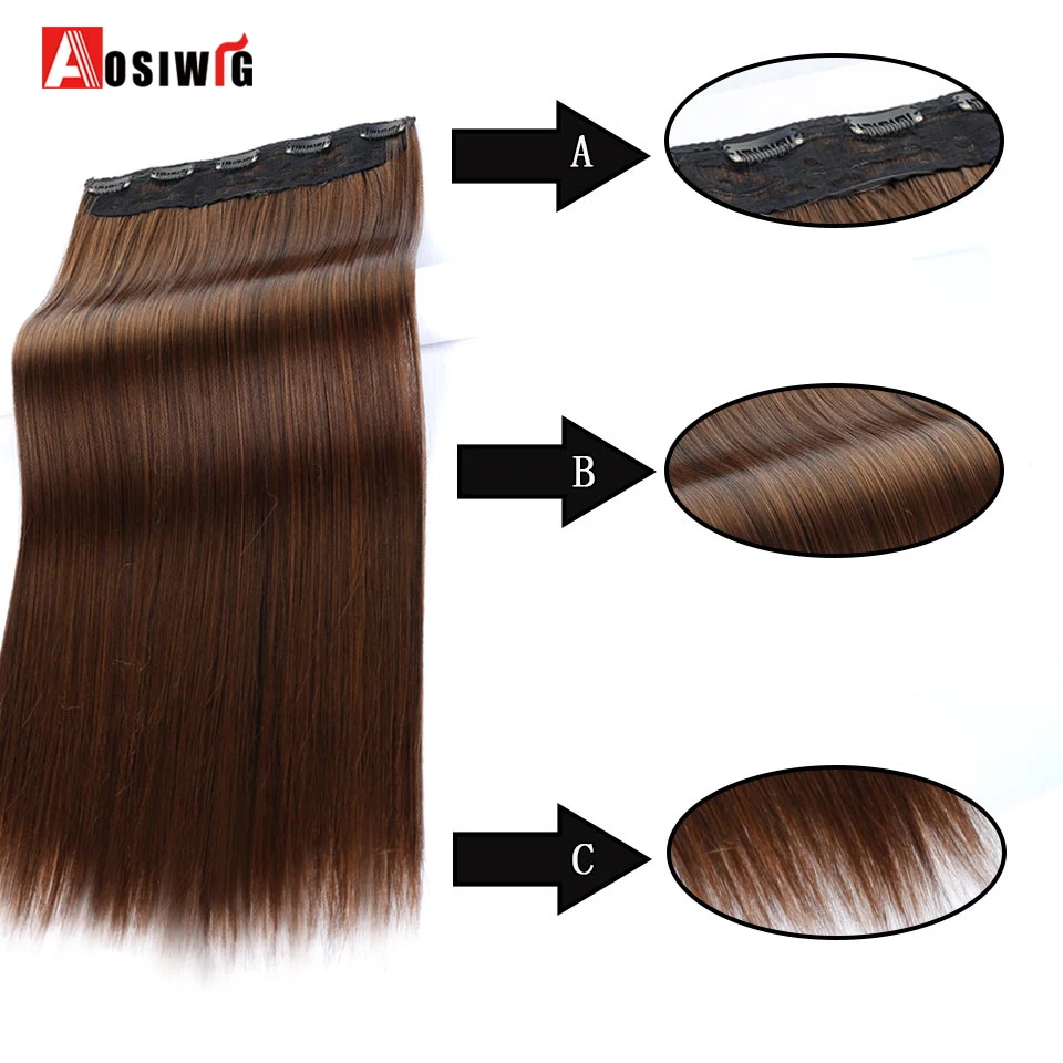 AOSI 60cm Long Straight Black Gray Blonde Women Ombre High Tempreture Synthetic Hairpiece 5 Clip in Hair Extensions Hair Piece