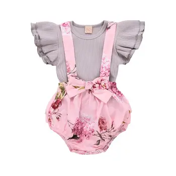 

Baby Summer Outfits Newborn Baby Girl Clothes Vest Fly Sleeve Tops + Pink Floral Shorts Strap Pants Fashion Infant Clothing Set