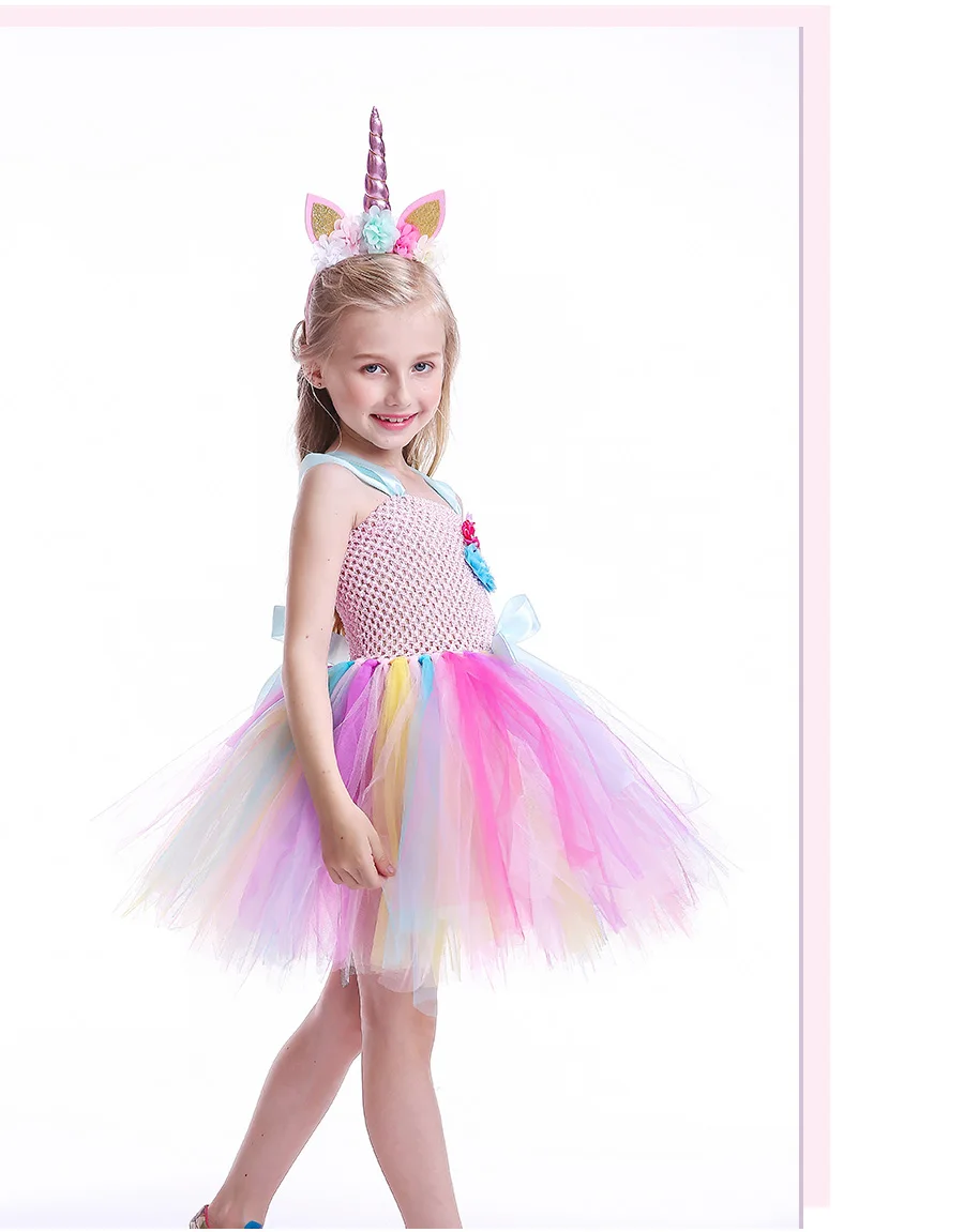 Elegant Rainbow Unicorn Girls Tutu Dresses Kids Flowers Birthday Party Dress with Headband Children Princess Tulle Prom Clothing  (12)