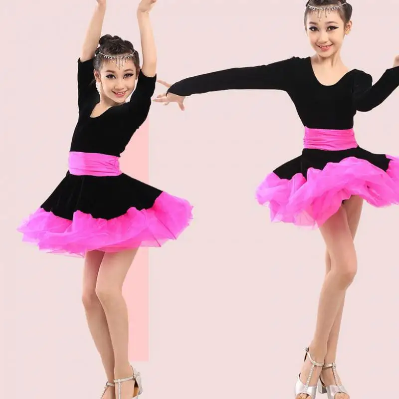 Professional Girl Long Sleeves Latin Dance Dress Children Ballroom Dancing Dress Kids Salsa Rumba Cha Cha Tango Stage Wear dance dress