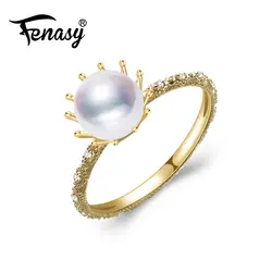FENASY 18 К кольцо из желтого золота 7-8 мм круглый натуральный жемчуг кольца для женщин богемная Корона изысканное украшение на свадьбу кольца