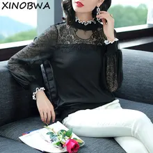 Европа осень-зима Для женщин высокое уличный стиль Фонари с длинными рукавами одежда с гофрированным воротником на каждый день со шнуровкой Лоскутная обувь на плоской подошве, черного, рубашка, топы женские футболки