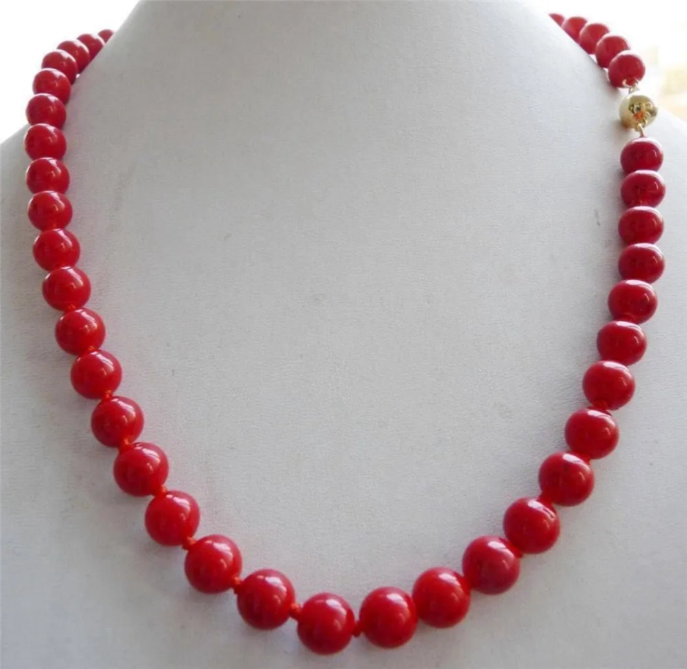 

RHJ00142 14K SOLID Gold CLASP 8mm Red Sea Coral Gems Round Bead Necklace 18