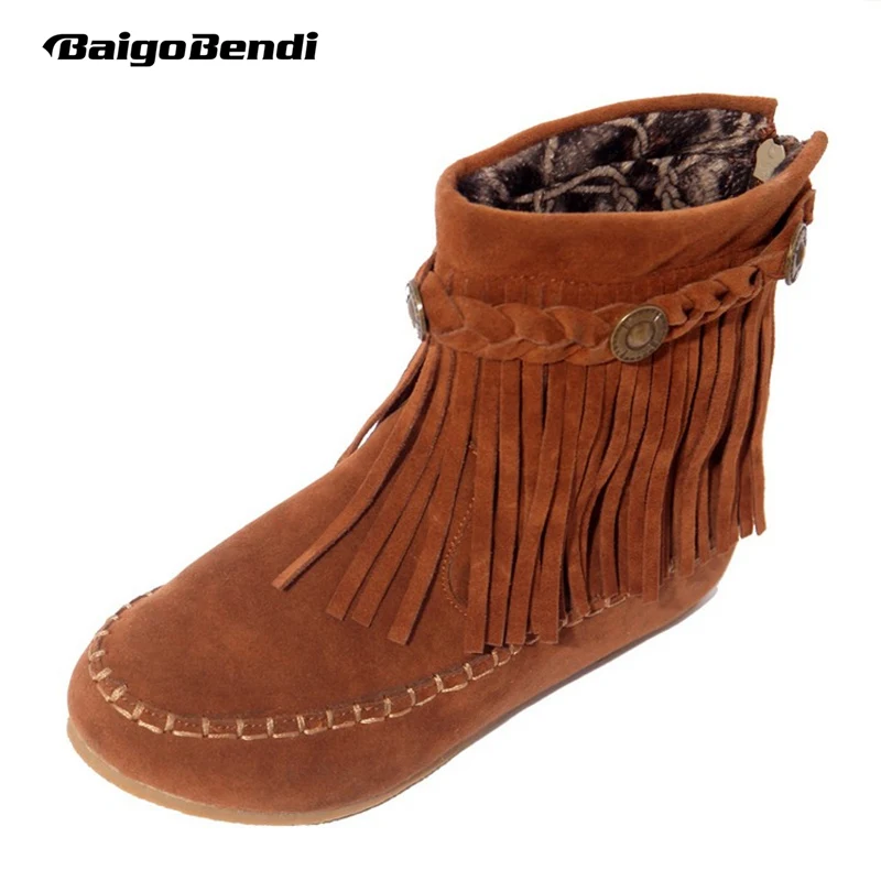 US5-9 Suede Leather Like Moccasin Fringe Tassel Ankle Boots womens wedge shoes