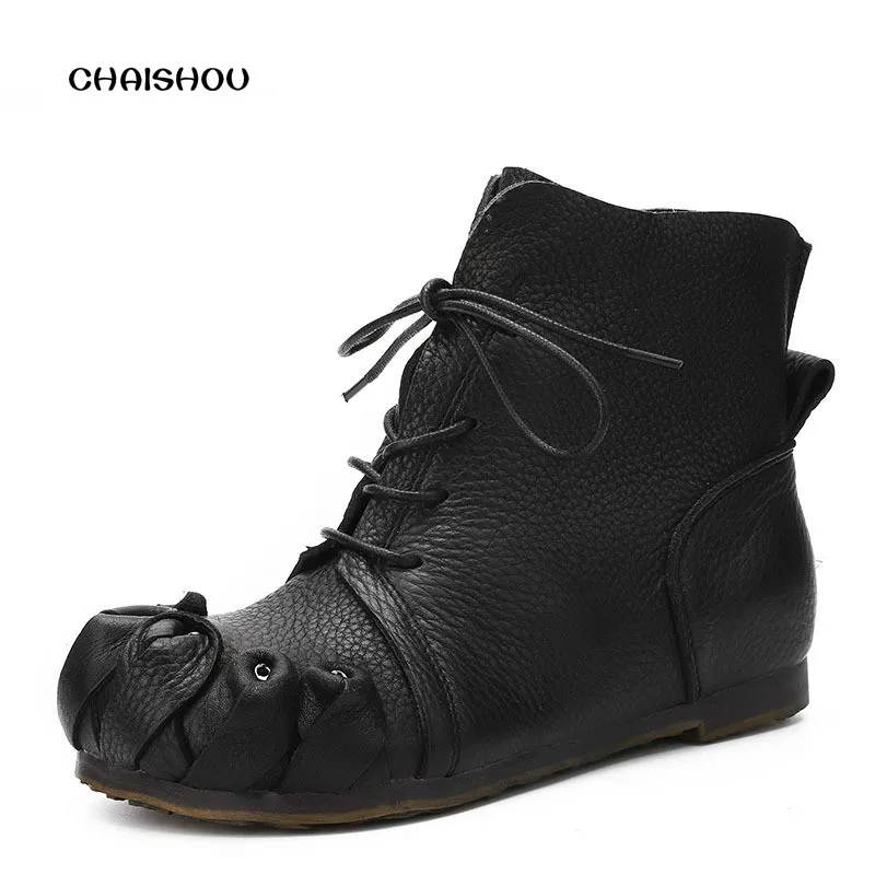 

CHAISHOU autumn and winter new Boots For Women genuine leather leisure Platform Boots round toe lace-up ankle boots