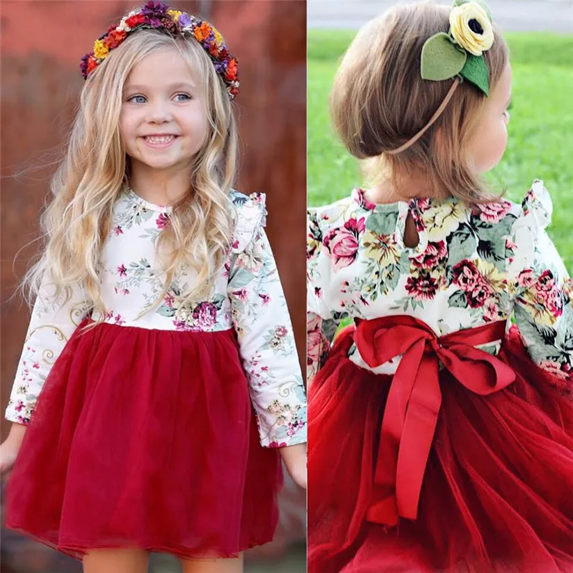Cute Baby Dress Toddler Kid Baby Girl Floral Long Sleeve Tulle Tutu