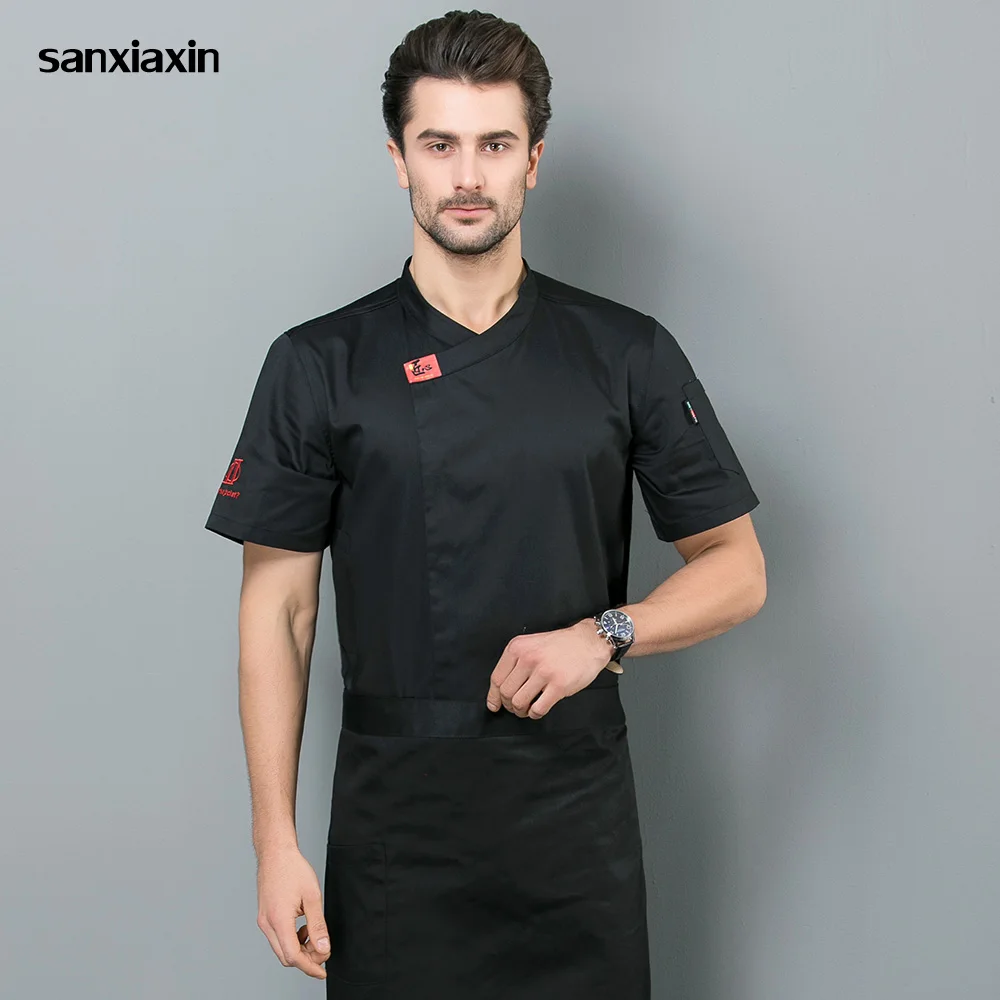 

sanxiaxin quality unisex Short sleeved Food Service restaurant uniform hotel Kitchen Work Jacket White black work clothes men