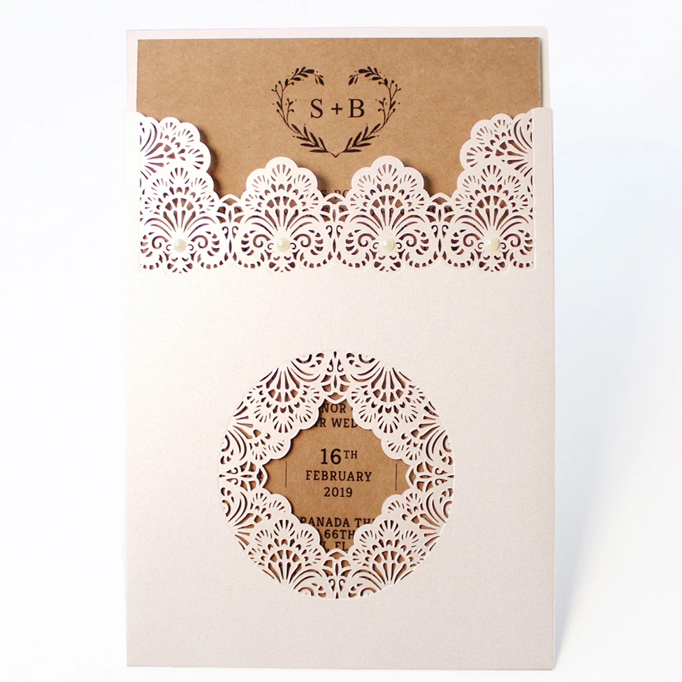  Rustic Wedding Invitations Customized Invitation Card Creative Wedding Invite With Pearl - Set of 5 - 33001243219