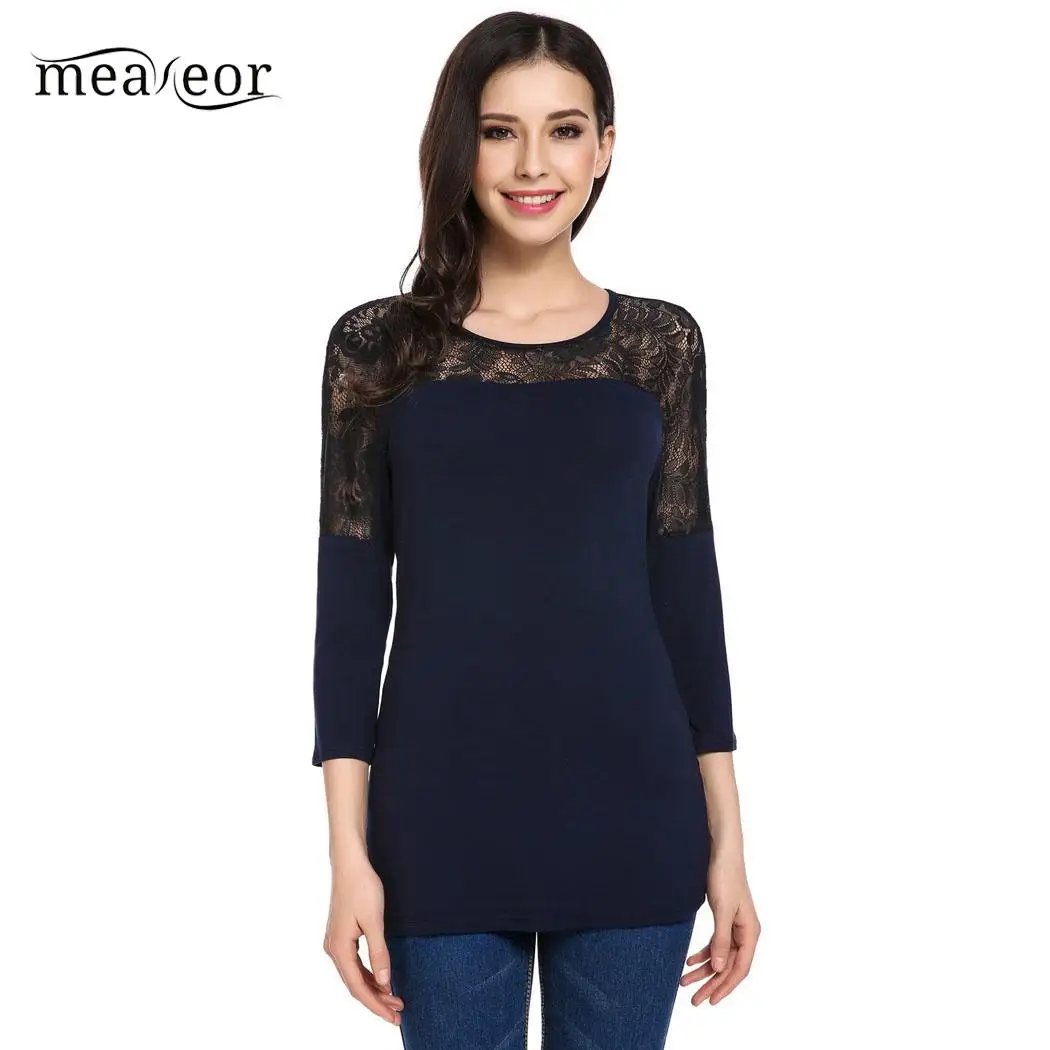Meaneor Fashion Lace 3/4 Sleeve Women T Shirts Lace Patchwork Casual Slim Fit Autumn Female T