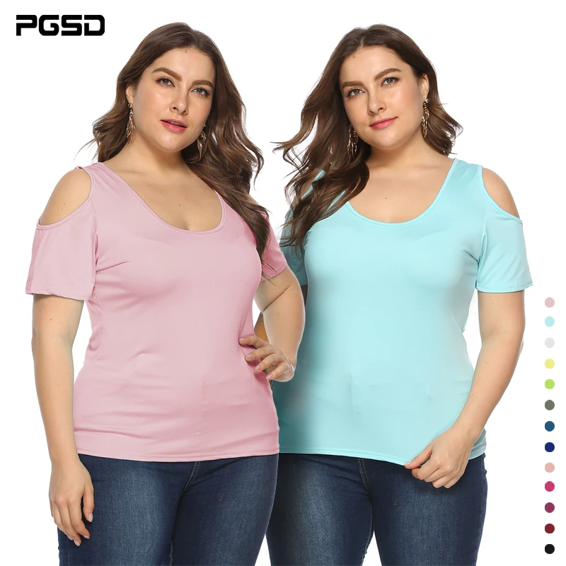 

PGSD Summer simple casual Tee solid colour O-Neck Short sleeve strapless big size T-shirt 5XL female Fashion plus women clothes