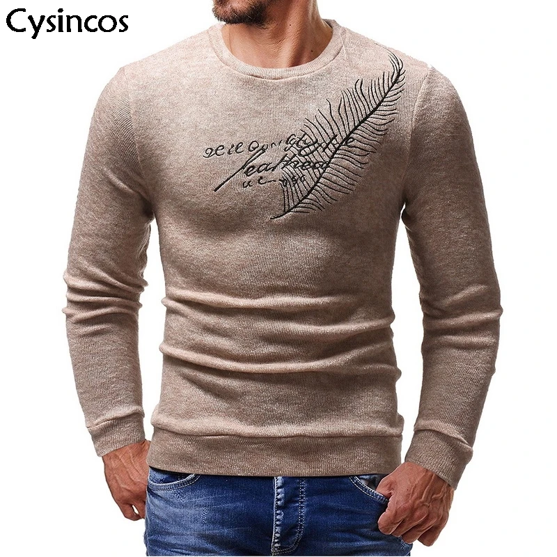 

Cysincos Men Knitted Sweater 2019 Autumn Winter New Feather Printed Slim Hoodie Long Sleeve Round Neck Sweatshirt Casual Sweater