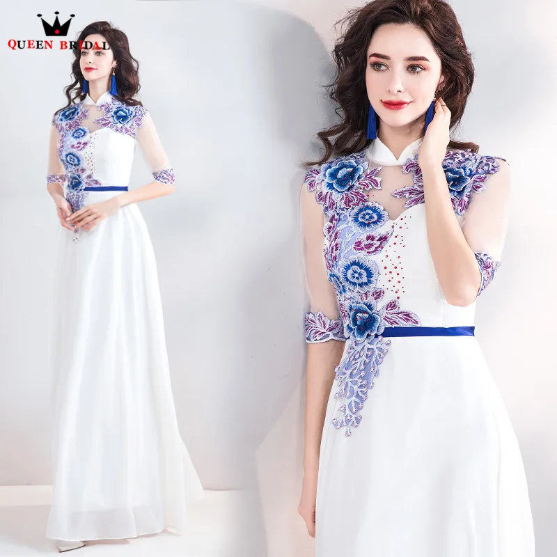 

A-line High Neck Chiffon Embroidery Flowers Long Elegant Evening Dresses 2018 New Arrival Evening Gown Robe De Soiree JU42