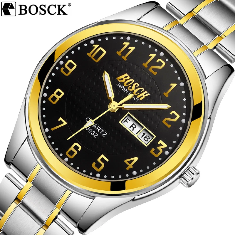 2018 New Fashion BOSCK Mens Watch Men Full Stainless Steel Business Watch Date Quartz-watch Male Gifts Clock Relogio Masculino