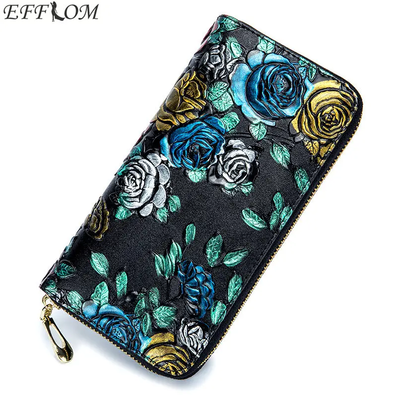 

New Arrival 2018 Embossing Rose Flower Genuine Leather Women Wallets Long Printing Floral Female Wallet Vintage Purse for Phone