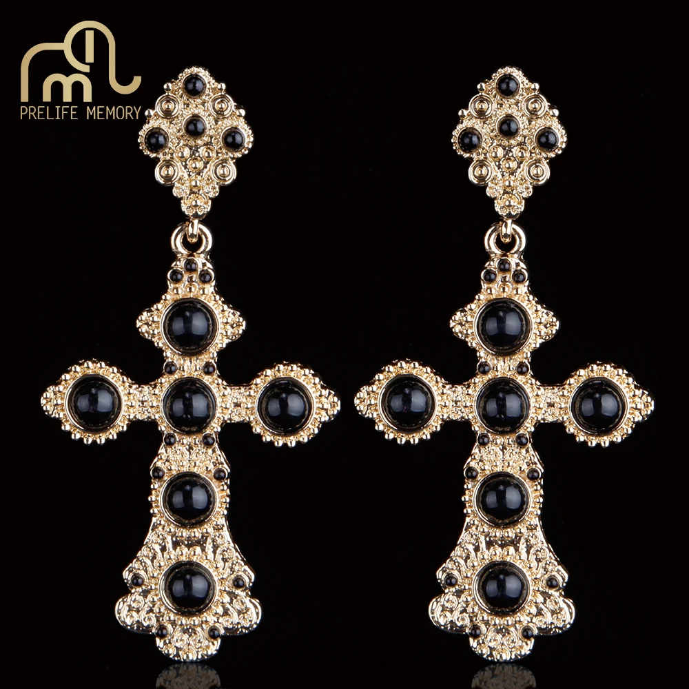 Prelife Memory Vintage Gold Opal Long Earring Cross Retro Palace