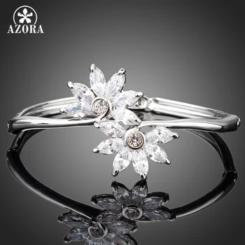 

AZORA Two Flowers With Clear Cubic Zirconia Charm Bangle Bracelet for Women TB0043