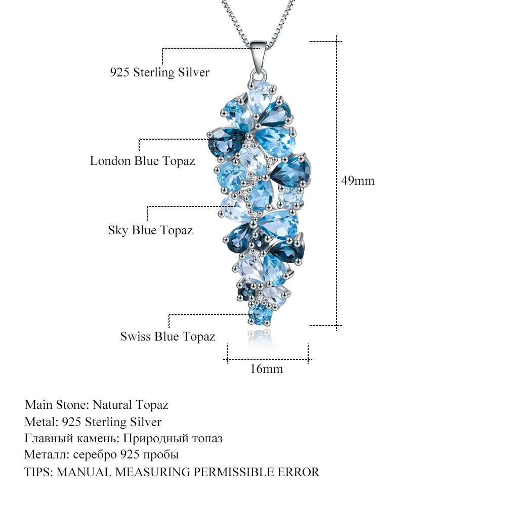 London Blue Topaz Swiss Blue Topaz Sky Mix Gemstone Pendants for Women Gift silver pendant