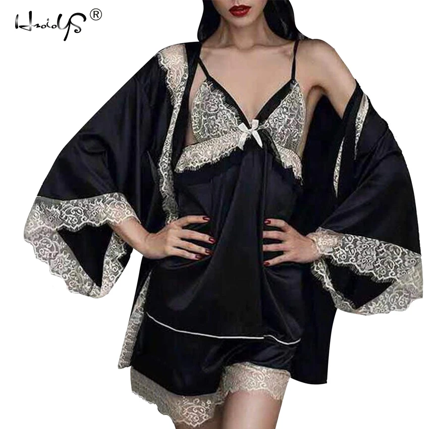 

Sexy Women Lace Satin Pajamas Sets With Bathrobes Lingerie Three Pieces Sleepwear Set Female Nightwear Set High Grade Temptation