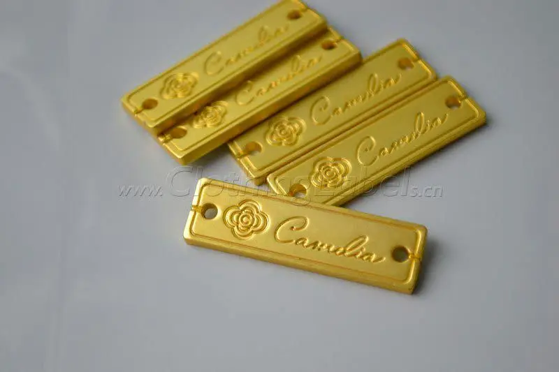 custom brand metal labels, matt gold color, engraved logocustom metal