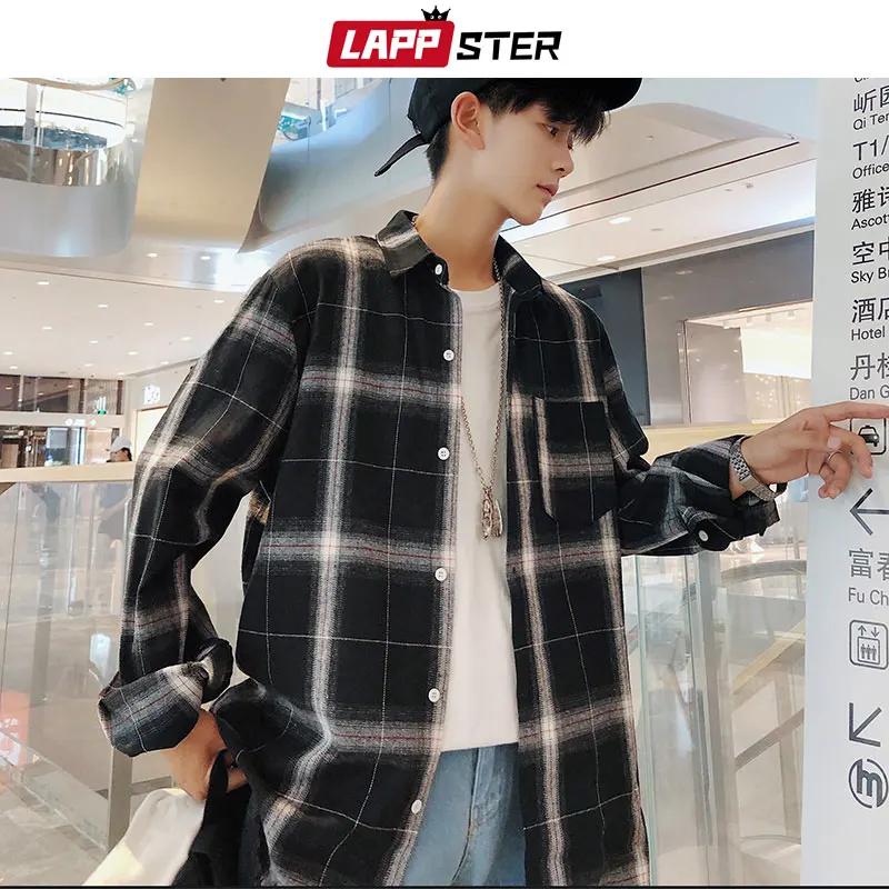 

LAPPSTER Men Kpop Fashion Streetwear Plaid Shirt 2019 Spring Mens Black Shirts Long Sleeve Couple Harajuku Pocket Tassel Clothes