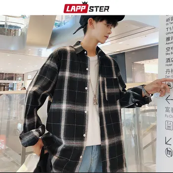 

LAPPSTER Men Kpop Fashion Streetwear Plaid Shirt 2020 Spring Mens Black Shirts Long Sleeve Couple Harajuku Pocket Tassel Clothes